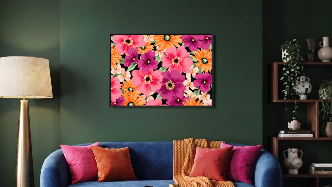 Giclée printed floral canvas print in pink orange and magenta on dark green living room wall