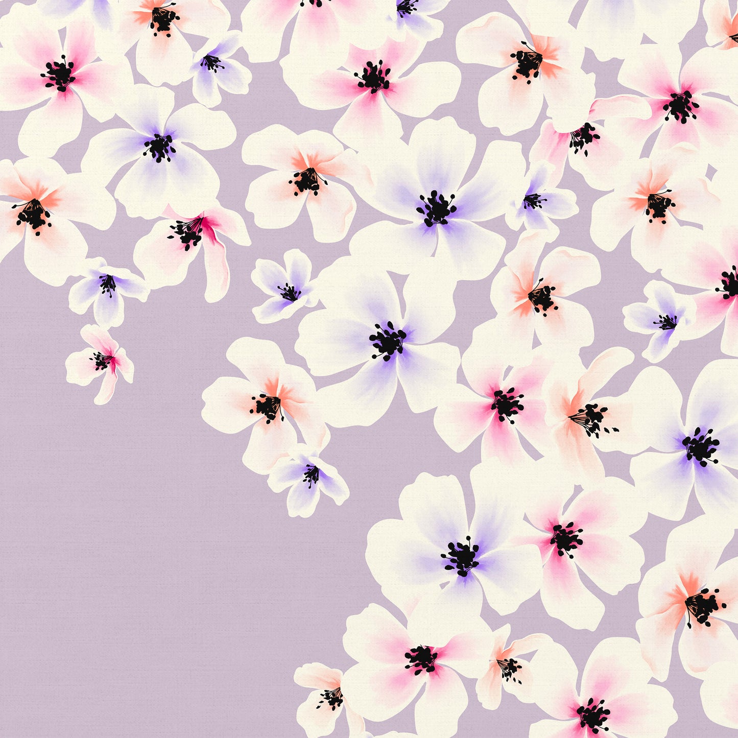 Blossom lilac floral wall art detail view with painterly five-petalled flowers in  coral, pink, and violet