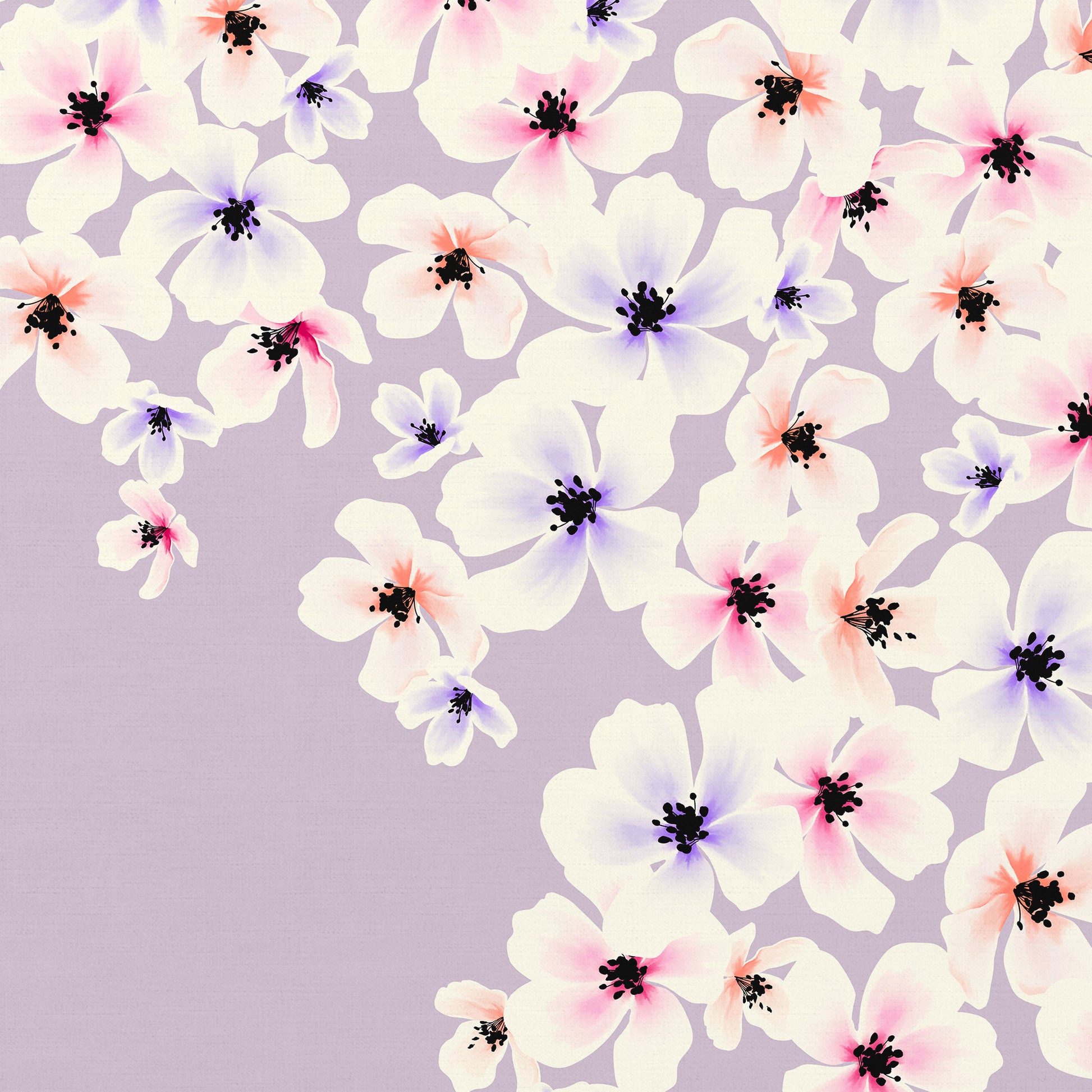 Blossom lilac floral wall art detail view with painterly five-petalled flowers in  coral, pink, and violet