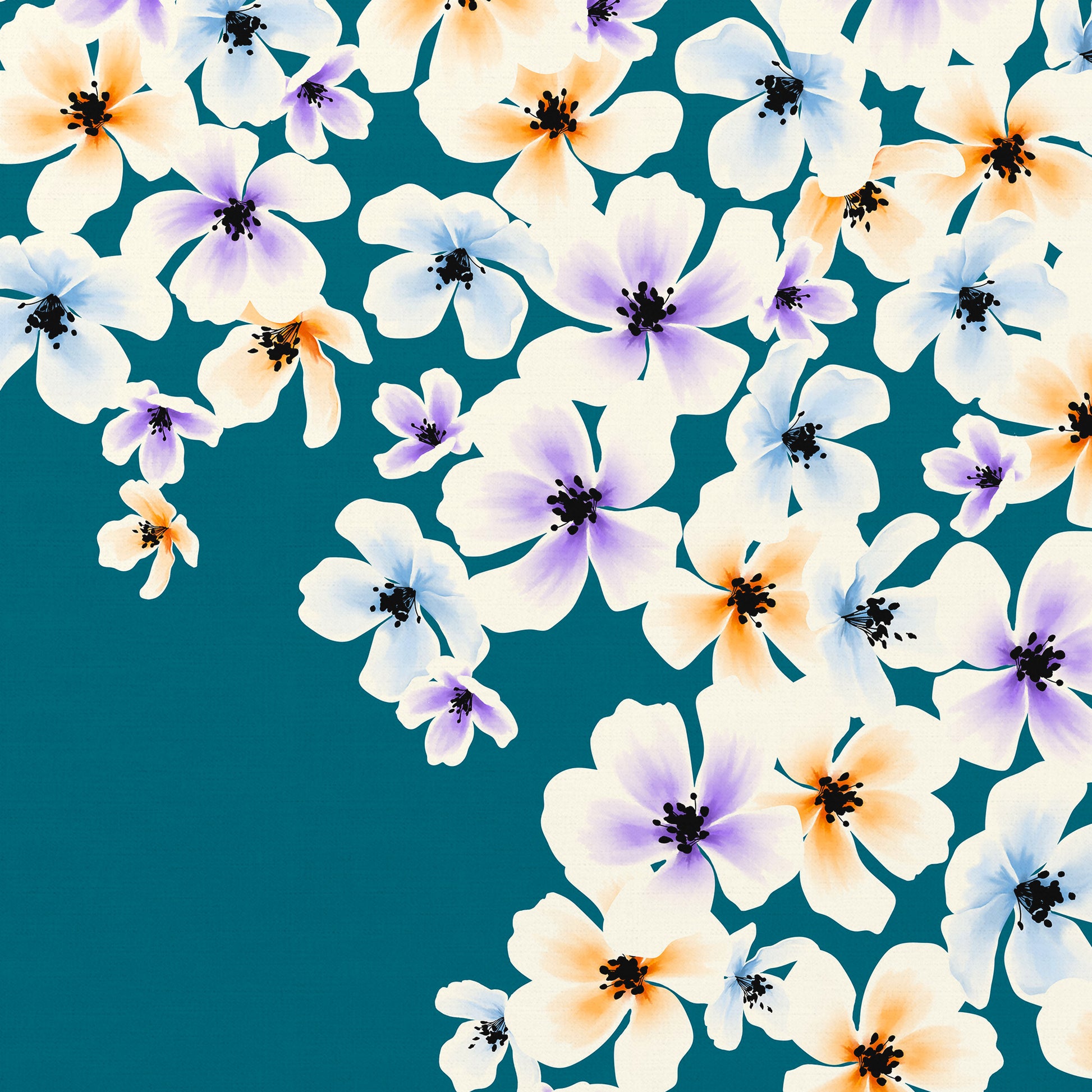 Blossom teal floral wall art detail view showing frame depth - painterly five-petaled flowers in orange, purple, and blue