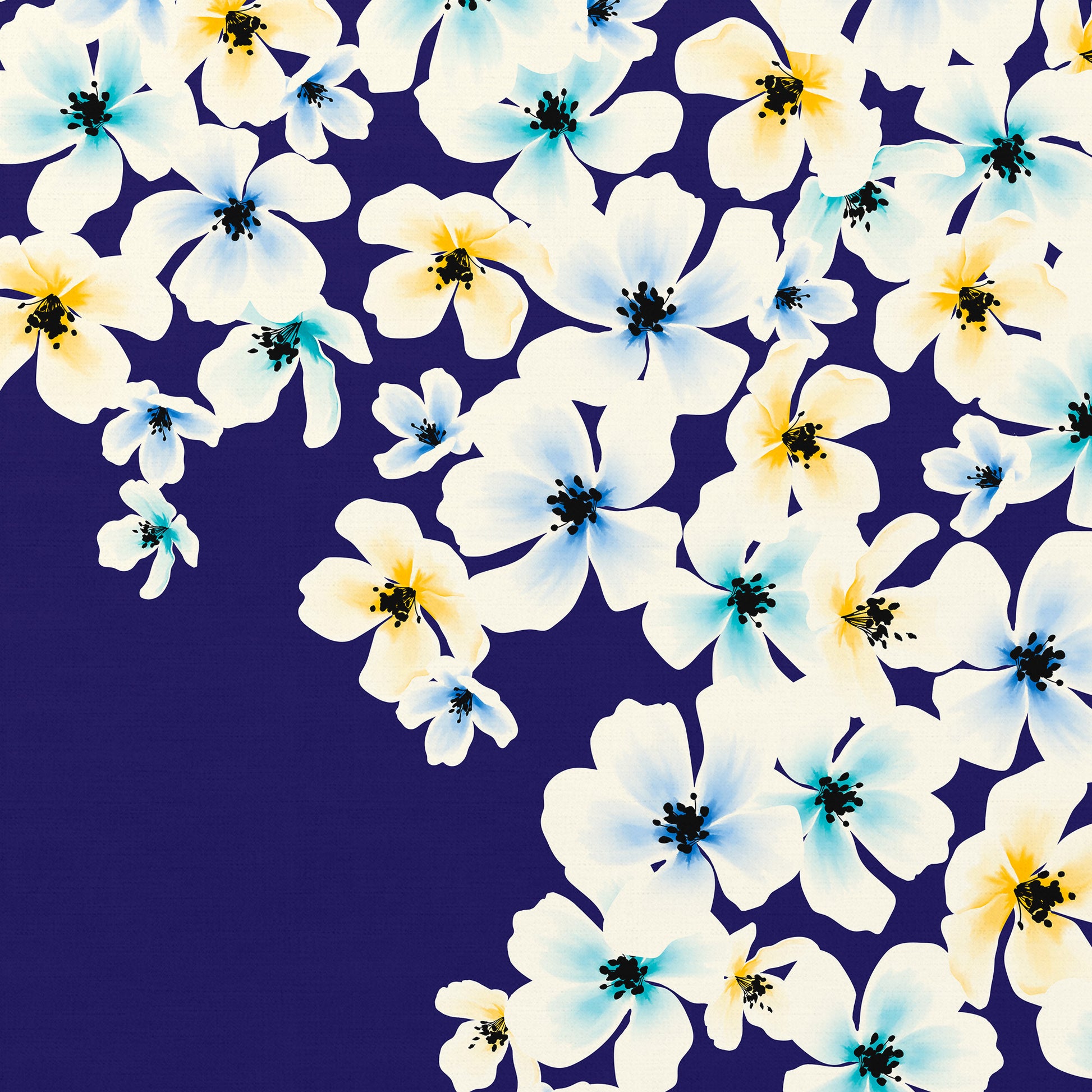 Blossom Blue floral wall art detail view showing frame depth - painterly five-petalled flowers in yellow, turquoise, and blue