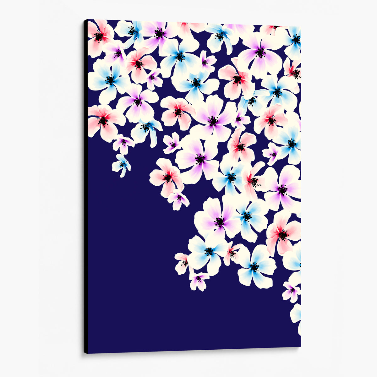 Blossom Coral floral canvas wall art, portrait format, unframed scattered blossom print with white coral and navy flowers