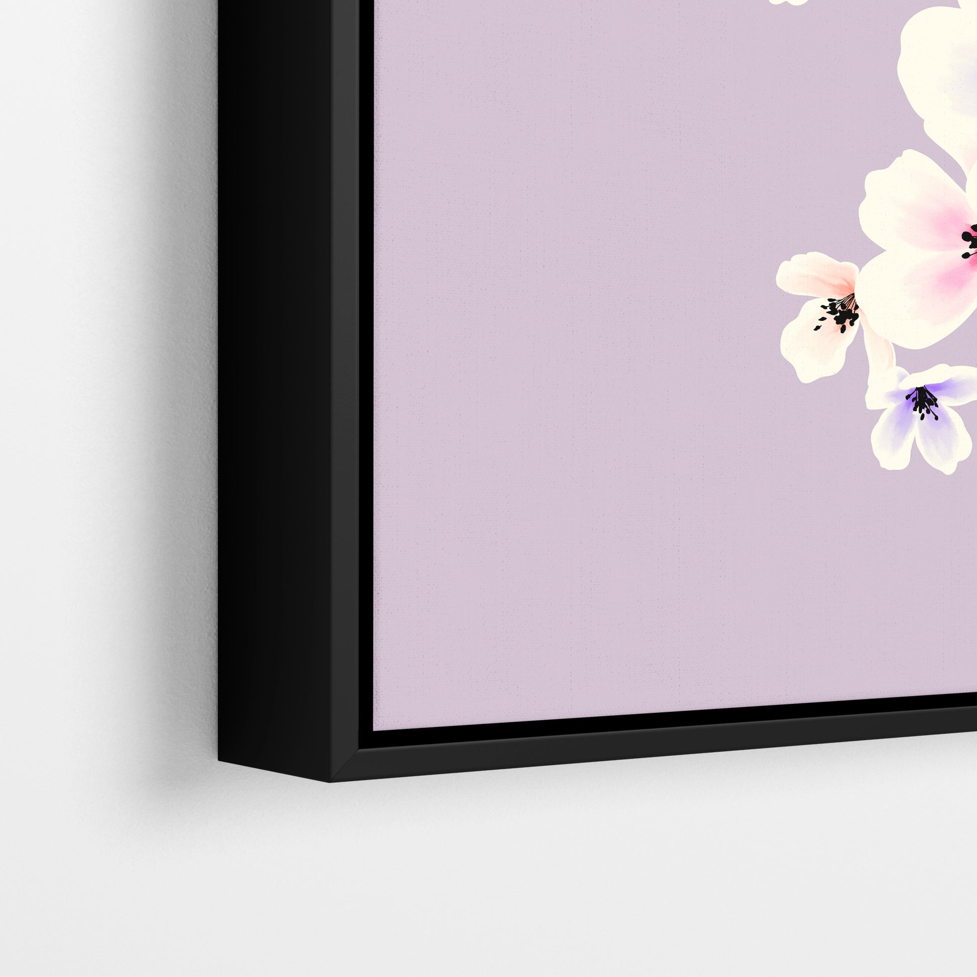 Close-up detail of Blossom lilac framed floral print - luminous watercolour apple blossoms with dark centres on lilac background