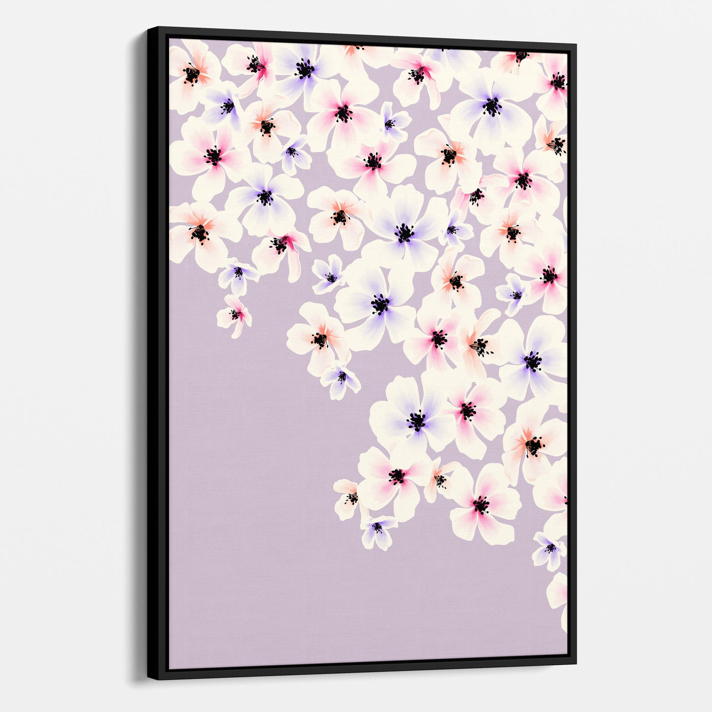 Framed Blossom Lilac floral wall art angled view showing frame depth - painterly five-petalled flowers in coral, pink, and violet