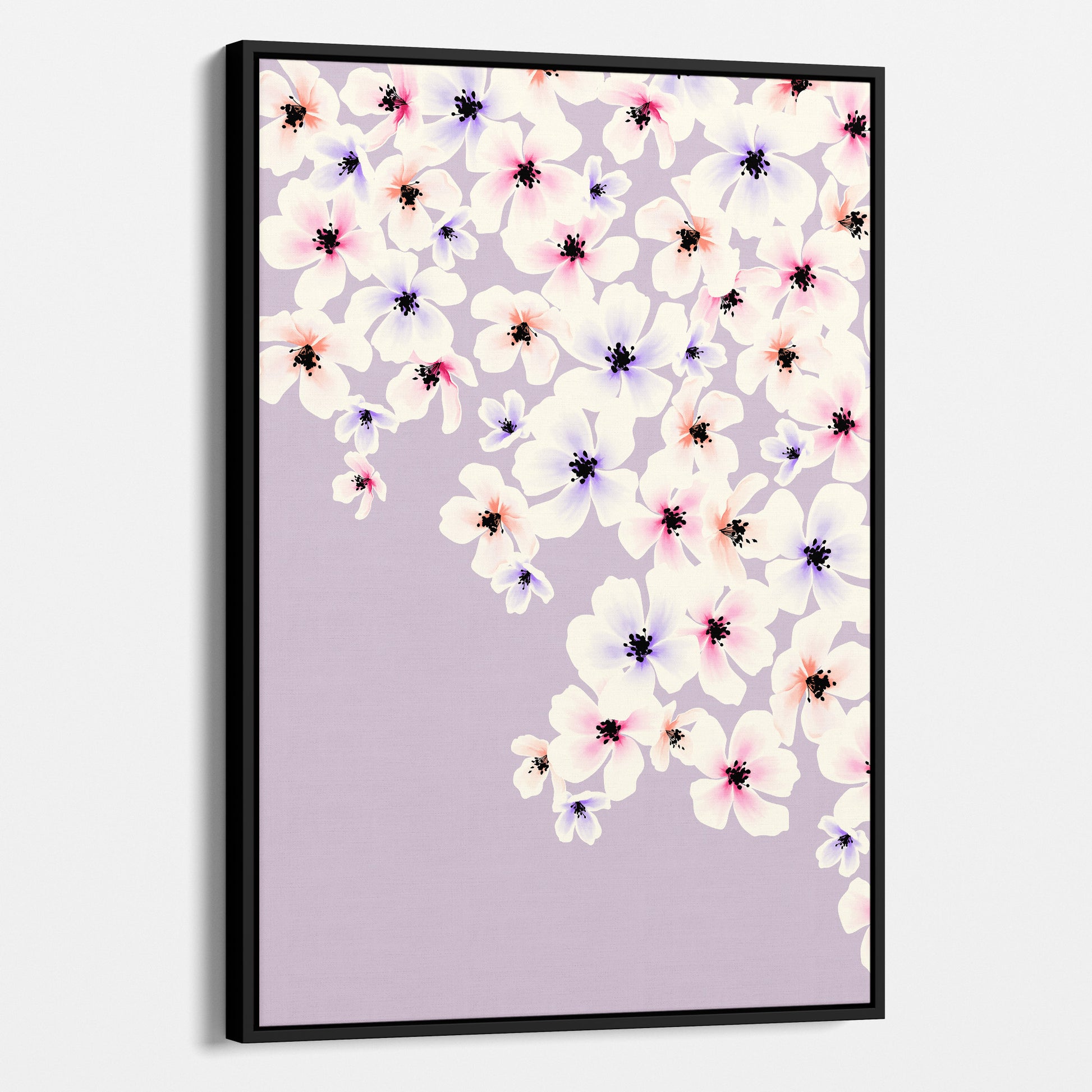Framed Blossom Lilac floral wall art angled view showing frame depth - painterly five-petalled flowers in coral, pink, and violet