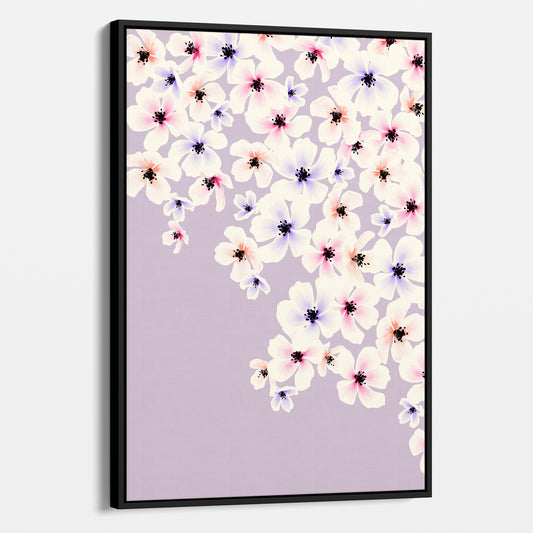 Framed Blossom Lilac floral wall art angled view showing frame depth - painterly five-petalled flowers in coral, pink, and violet