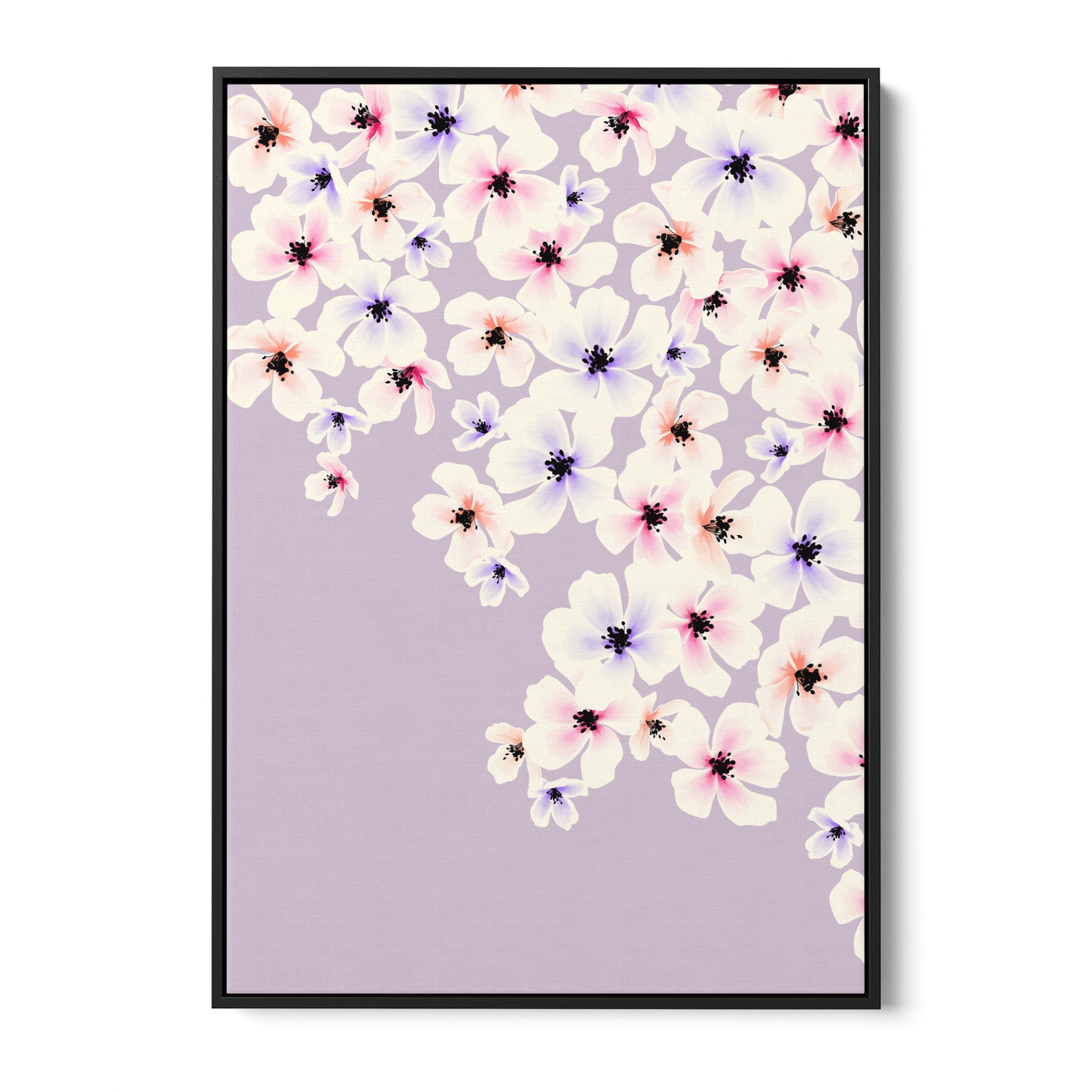 Blossom Lilac floral wall art - delicate apple blossoms in watercolour style on soft lilac background, framed print front view