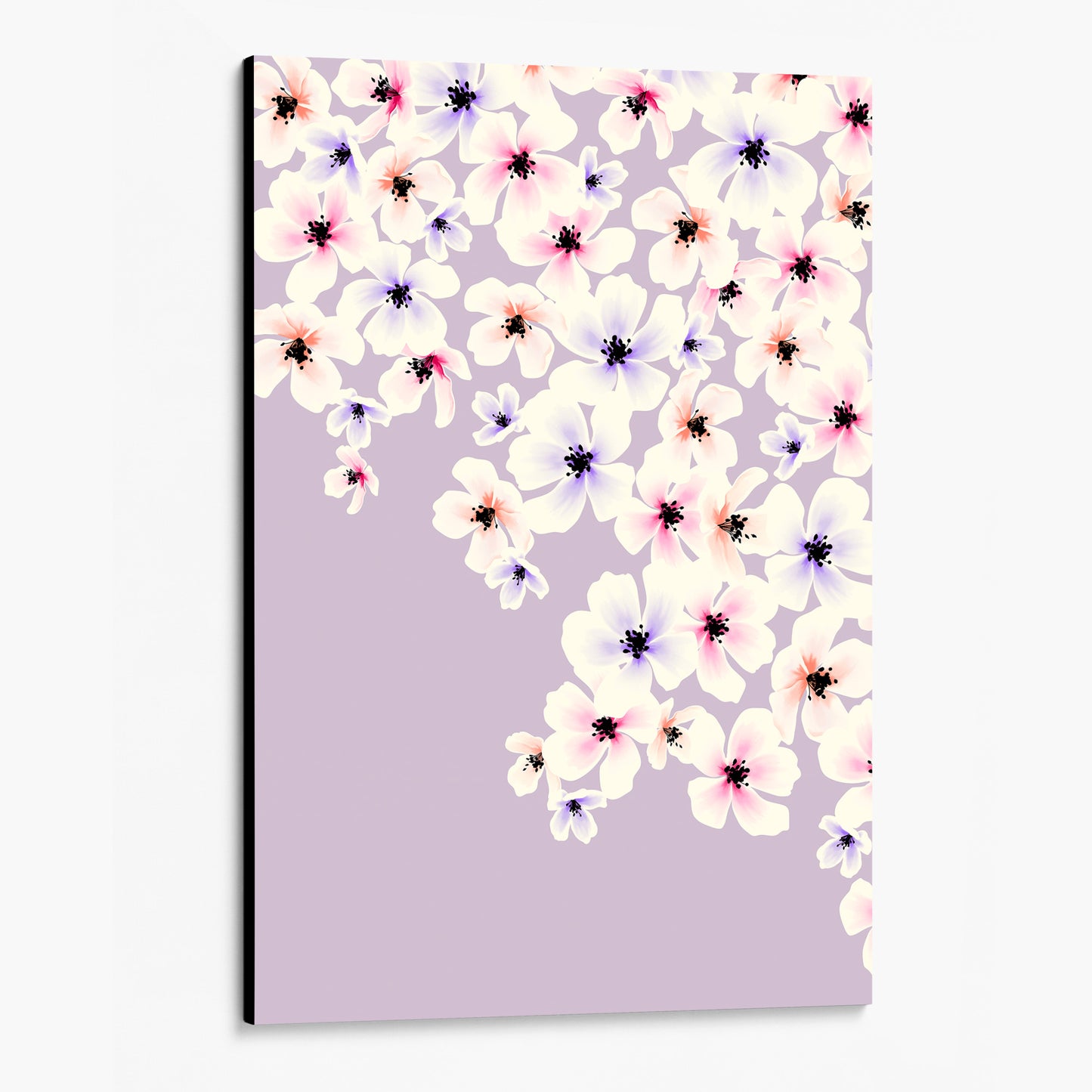 Unframed Blossom Lilac floral wall art angled view showing frame depth - painterly five-petalled flowers in coral, pink, and violet