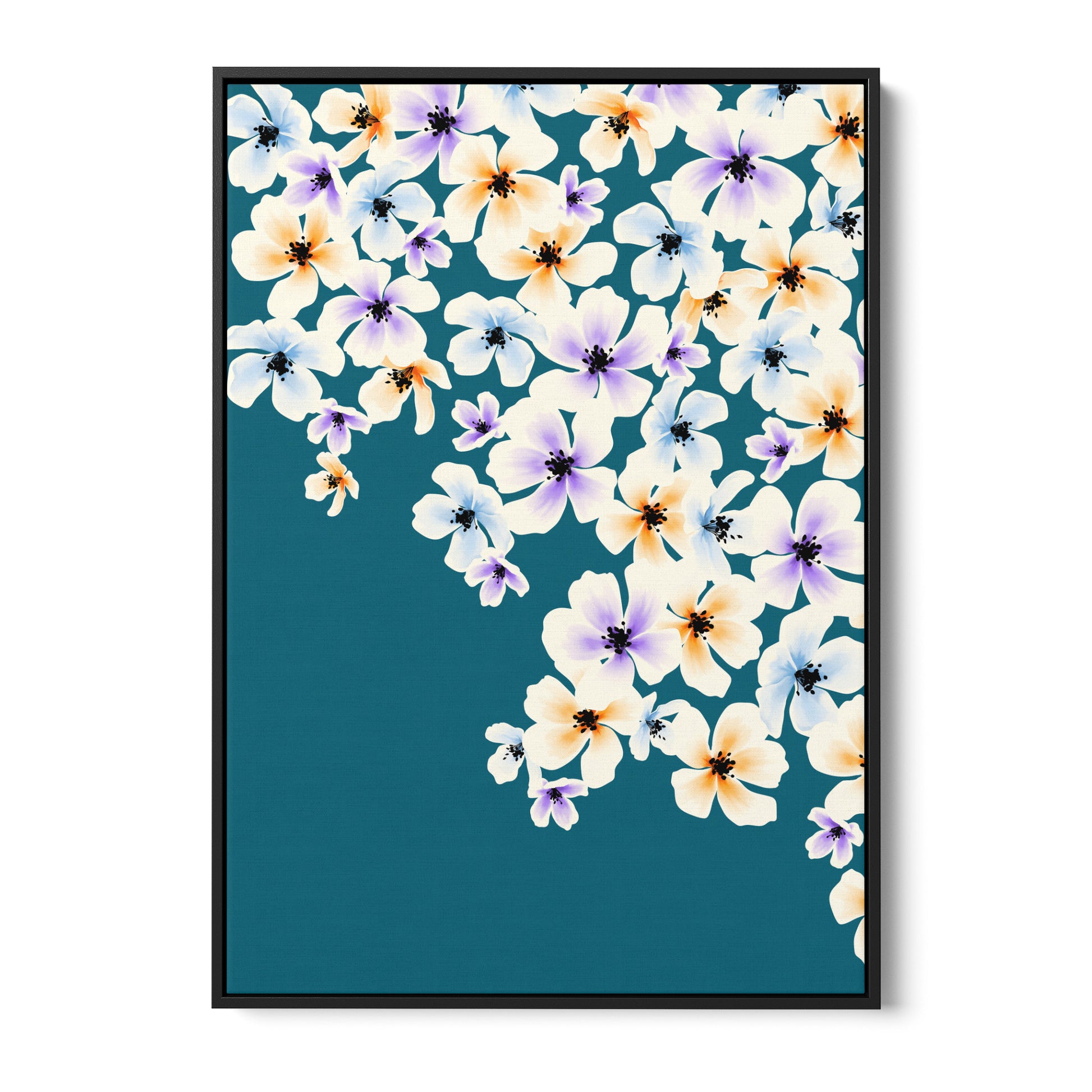 Blossom Orange floral wall art - delicate apple blossoms in watercolour style on dramatic black background, framed print front view