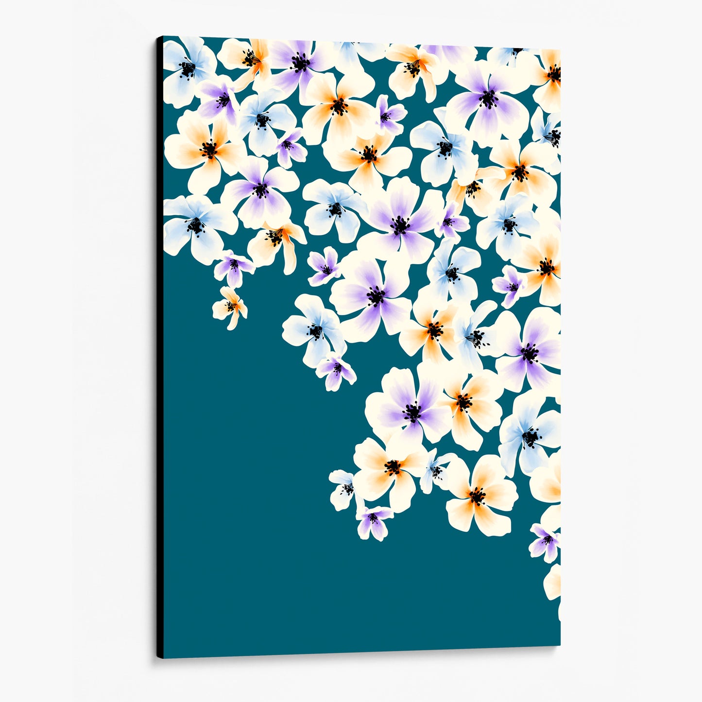 unframed Blossom Orange floral wall art angled view showing frame depth - painterly five-petaled flowers in orange, purple, and blue