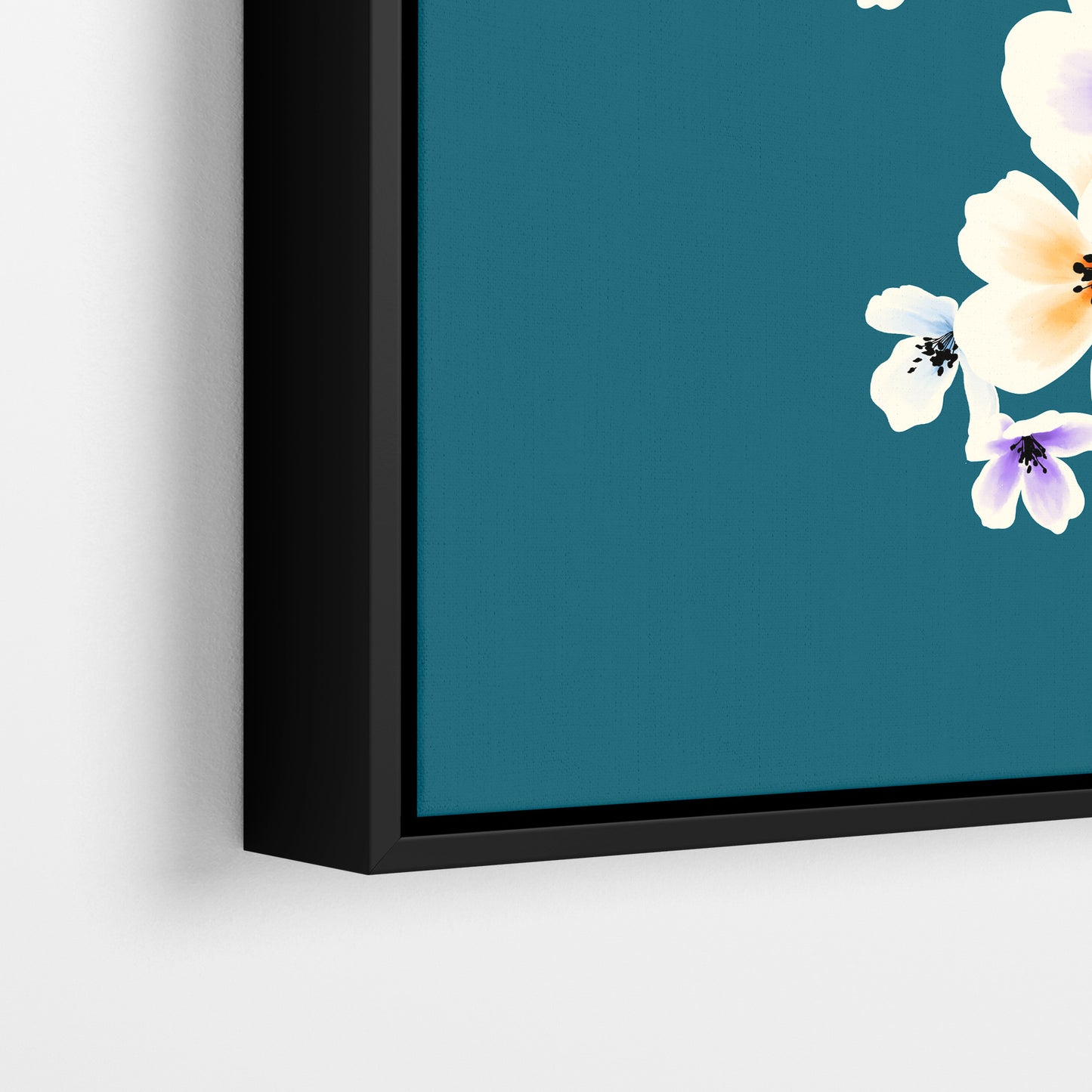 close-up detail of Blossom black framed floral print - luminous watercolour apple blossoms with dark centres on teal background