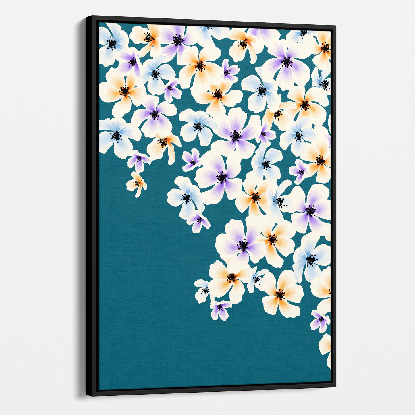Framed Blossom teal floral wall art angled view showing frame depth - painterly five-petaled flowers in orange, purple, and blue