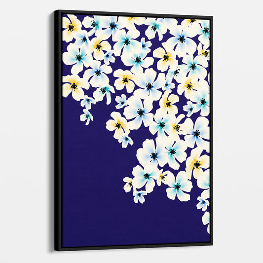 Framed Blossom Blue floral wall art angled view showing frame depth - painterly five-petalled flowers in yellow, turquoise and blue