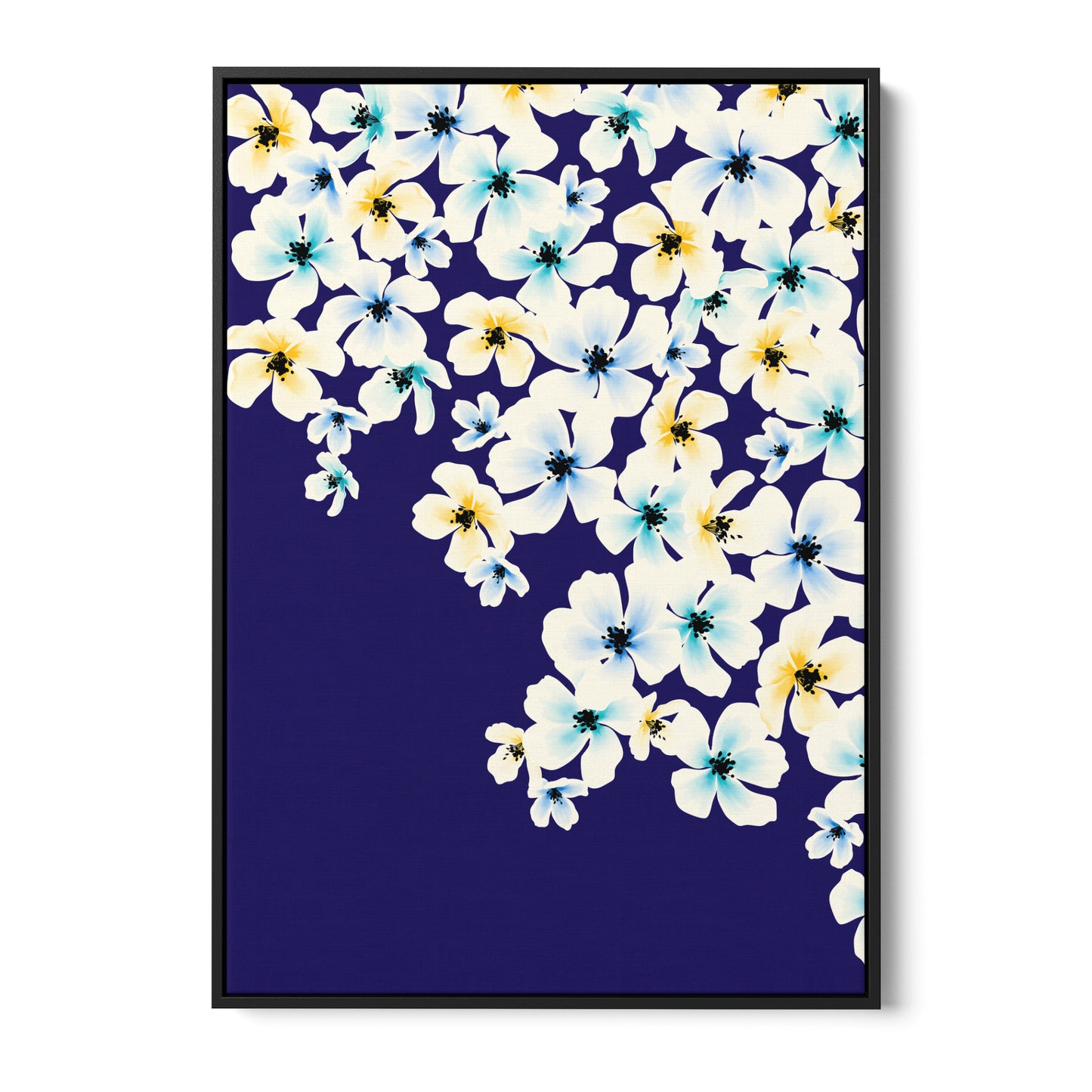 Blossom Blue floral wall art - delicate apple blossoms in watercolour style on navy blue background, framed print front view