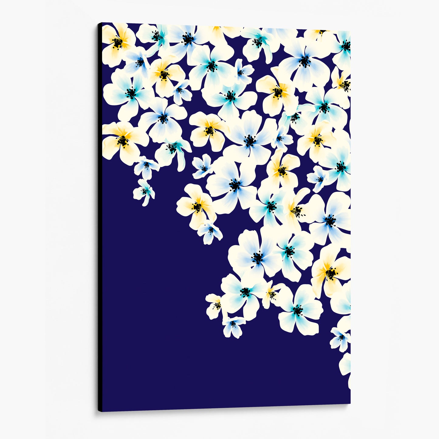 Unframed Blossom Blue floral wall art angled view showing frame depth - painterly five-petalled flowers in yellow, turquoise and blue