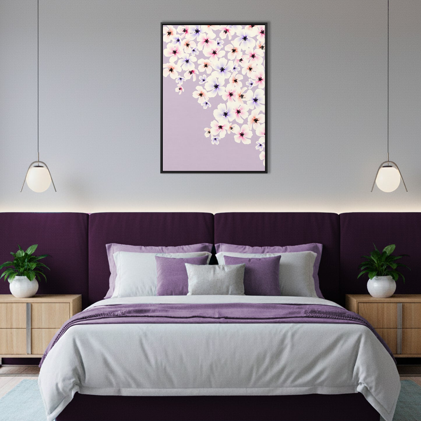 Blossom lilac floral wall art in modern room setting - dreamy watercolour blossom pattern creating fresh botanical appeal for home decor