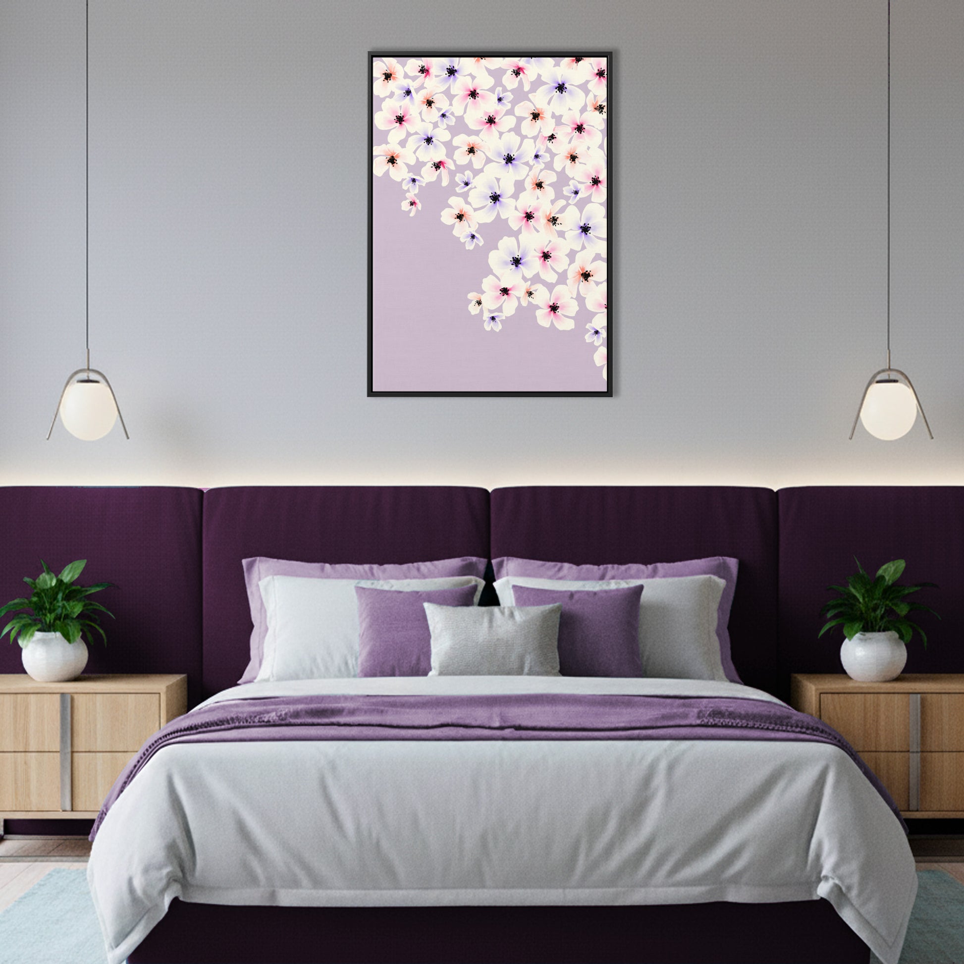 Blossom lilac floral wall art in modern room setting - dreamy watercolour blossom pattern creating fresh botanical appeal for home decor