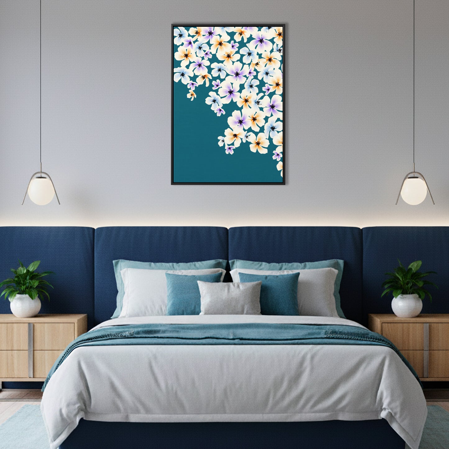 Blossom teal floral wall art in modern room setting - dreamy blossom pattern creating dramatic botanical statement for home decor