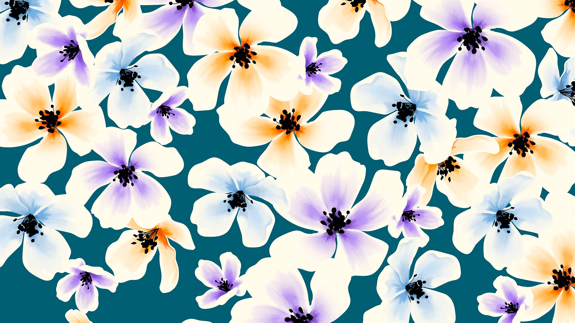 Blossom Orange floral wall art detail view showing frame depth - painterly five-petaled flowers in orange, purple, and blue