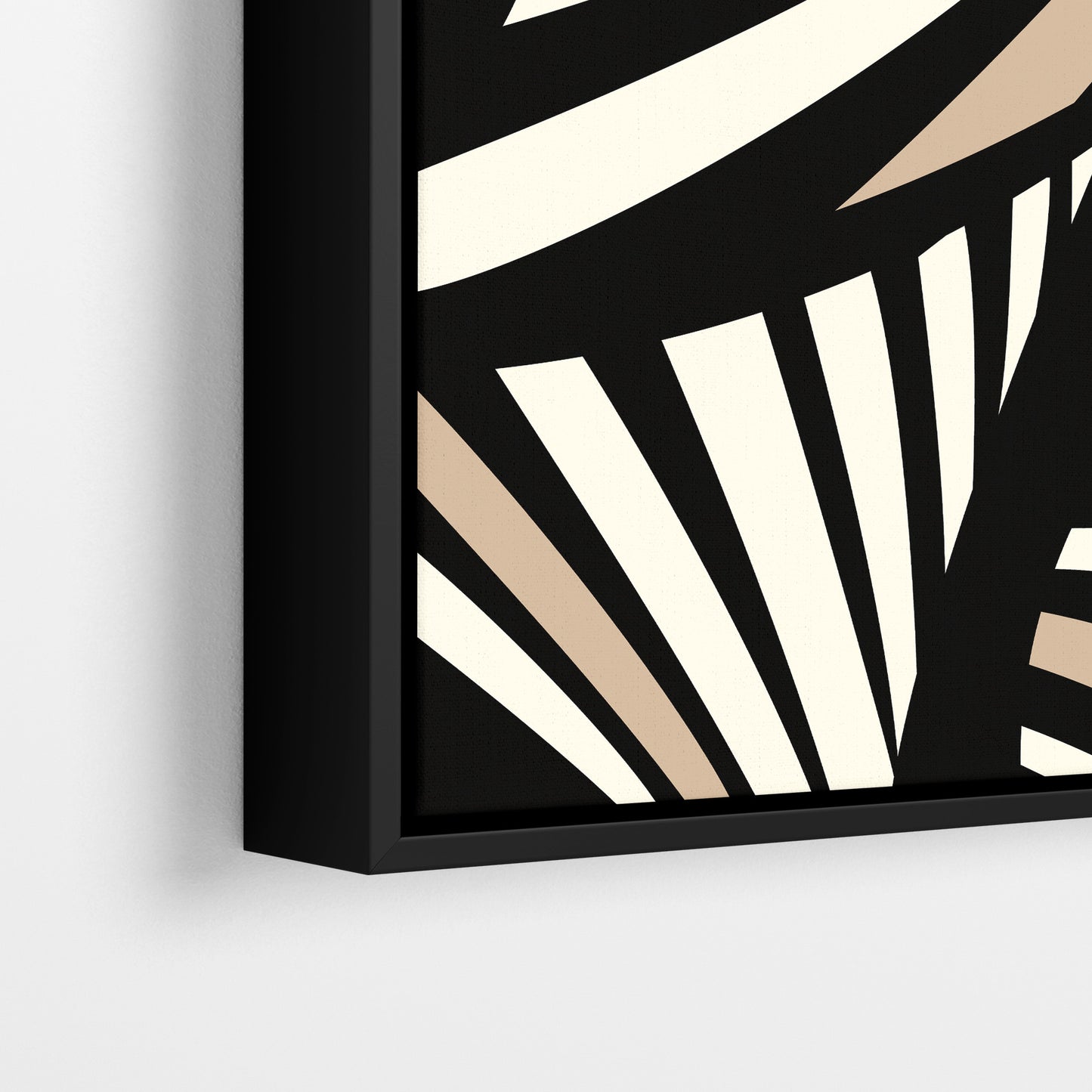 Close-up detail of Charleston Black Art Deco print - radiating geometric forms with tropical foliage in timeless black three-tone palette