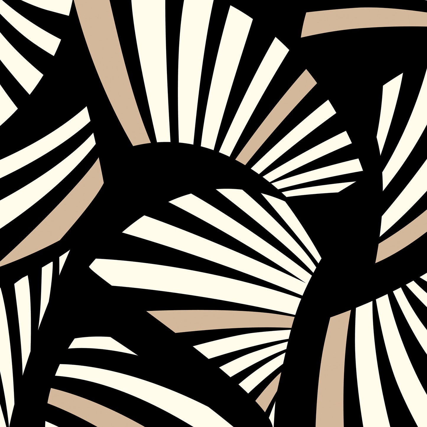 Close-up detail of Charleston Black Mini Art Deco print - radiating geometric forms with tropical foliage in timeless black three-tone palette