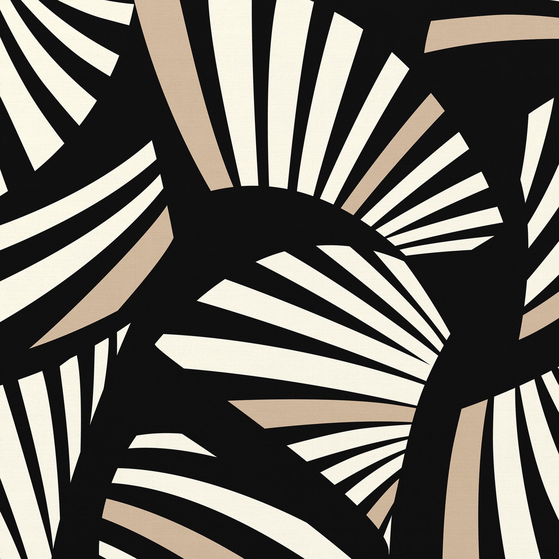 Close-up detail of Charleston Black Art Deco print - radiating geometric forms with tropical foliage in timeless black three-tone palette