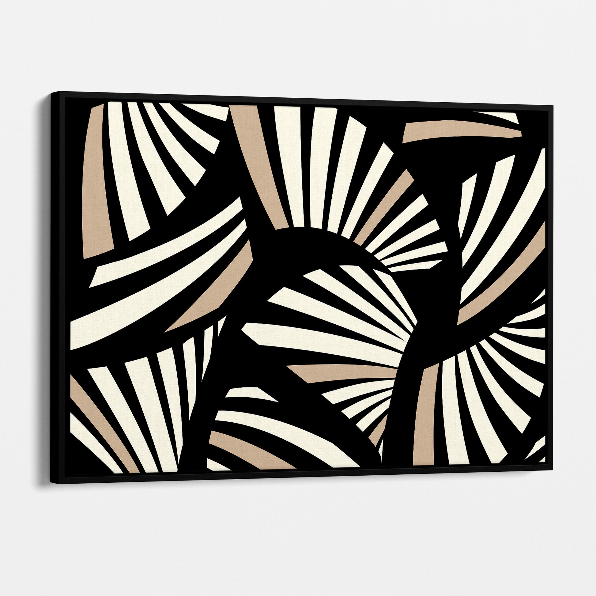 Framed Charleston Black Art Deco wall art angled view showing frame depth - geometric tropical foliage design in elegant black and cream