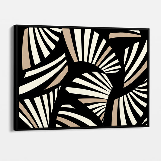 Framed Charleston Black Art Deco wall art angled view showing frame depth - geometric tropical foliage design in elegant black and cream
