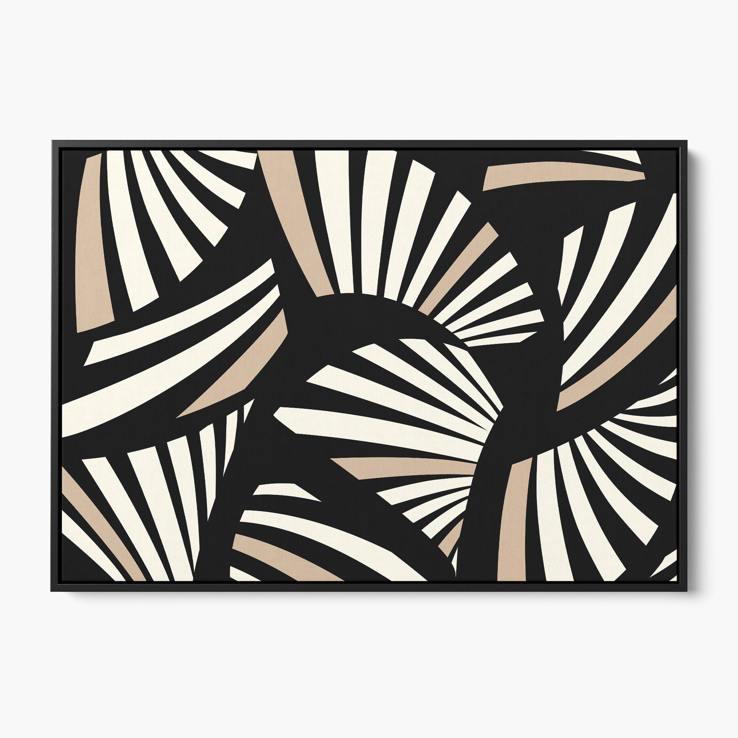 Charleston Black Art Deco wall art - sophisticated geometric tropical design in monochromatic black, cream and taupe palette, framed print front view