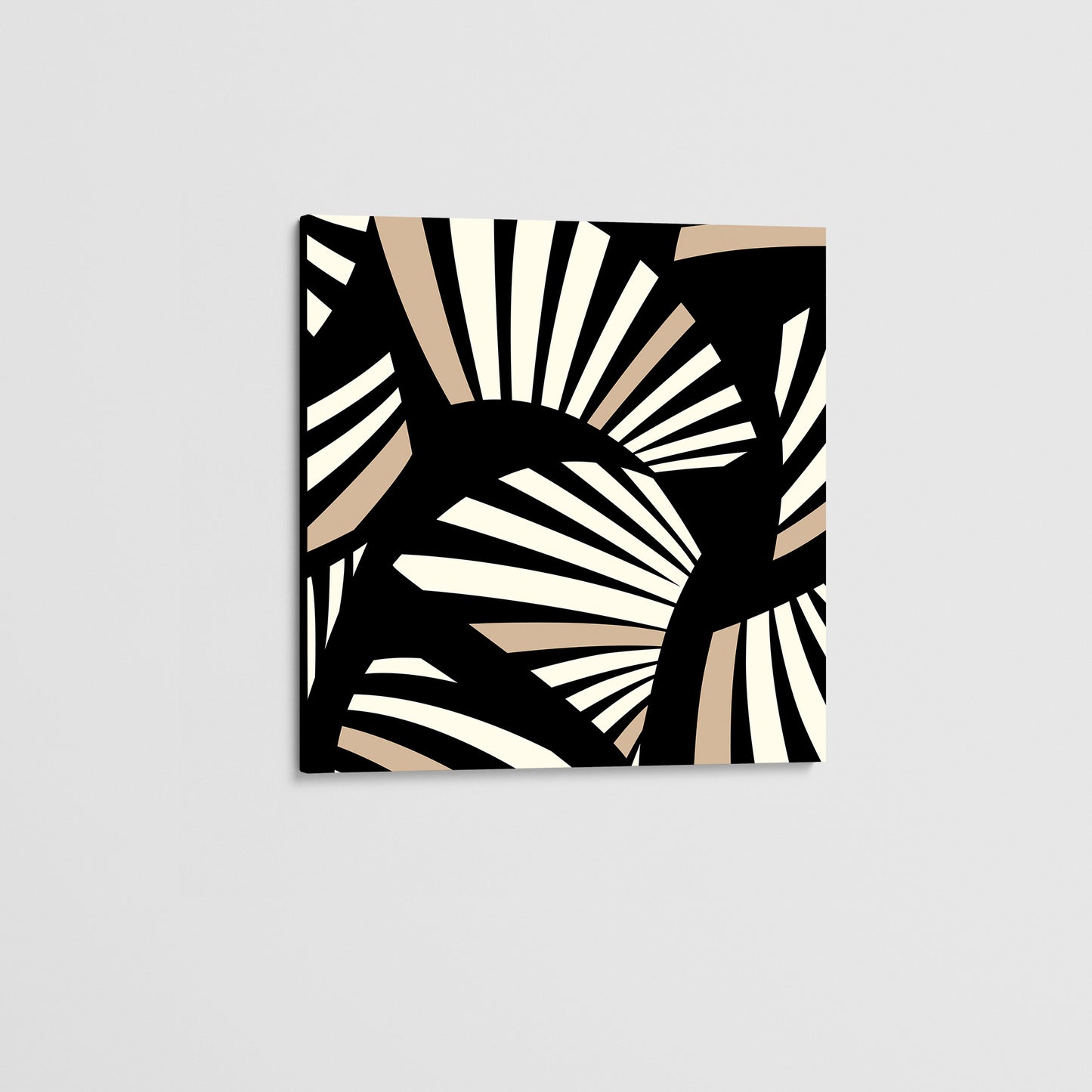 Unframed Charleston Black mini Art Deco wall art angled view showing frame depth - geometric tropical foliage design in elegant black and cream