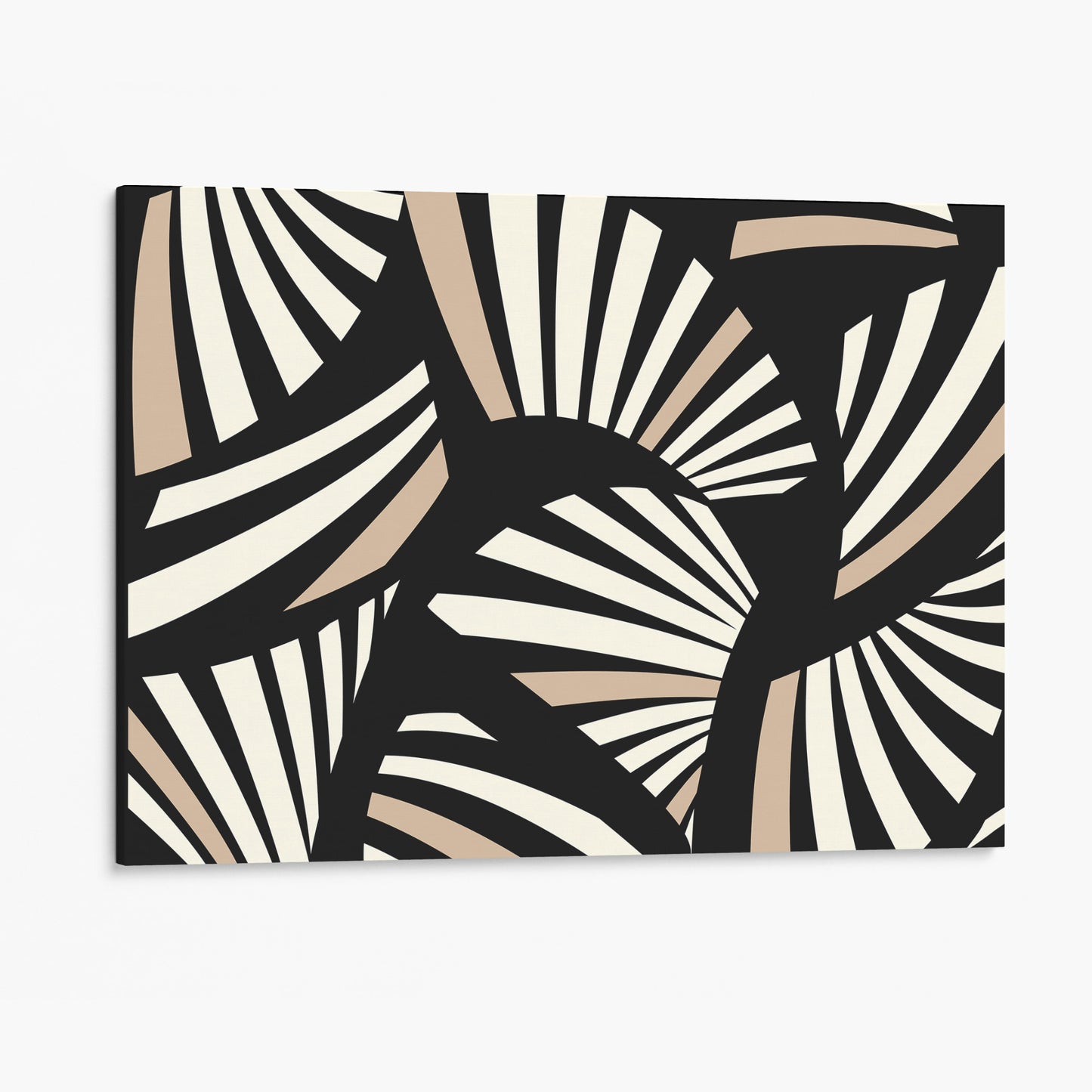 Unframed Charleston Black Art Deco wall art angled view showing frame depth - geometric tropical foliage design in elegant black and cream