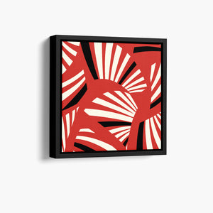 Framed Charleston Red mini Art Deco wall art angled view showing frame depth - geometric tropical foliage design in vibrant red and cream