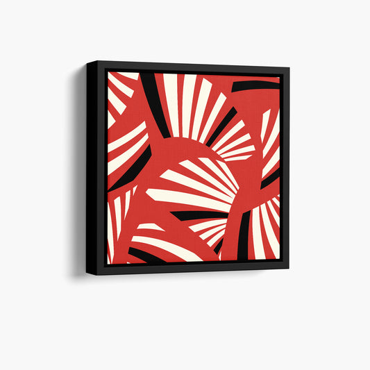 Framed Charleston Red mini Art Deco wall art angled view showing frame depth - geometric tropical foliage design in vibrant red and cream