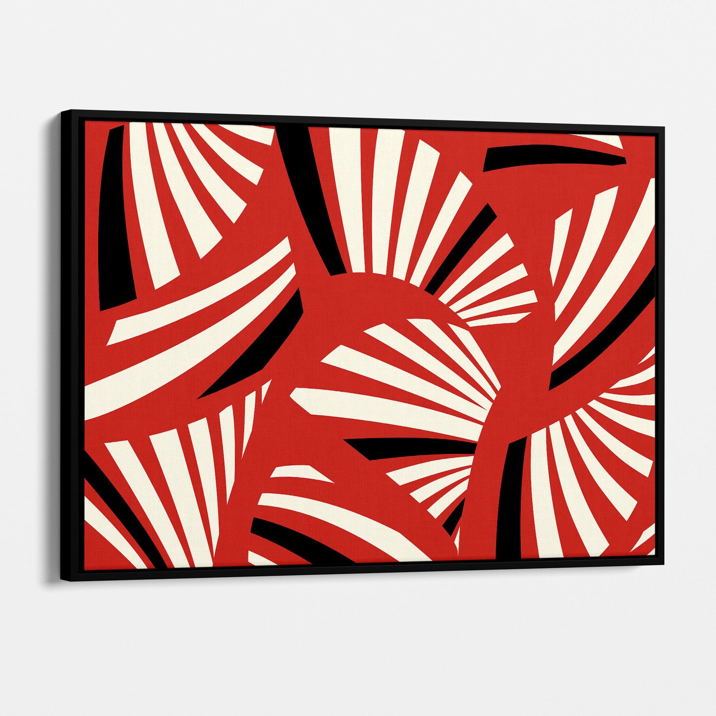 Framed Charleston Red Art Deco wall art angled view showing frame depth - geometric tropical foliage design in vibrant red and cream