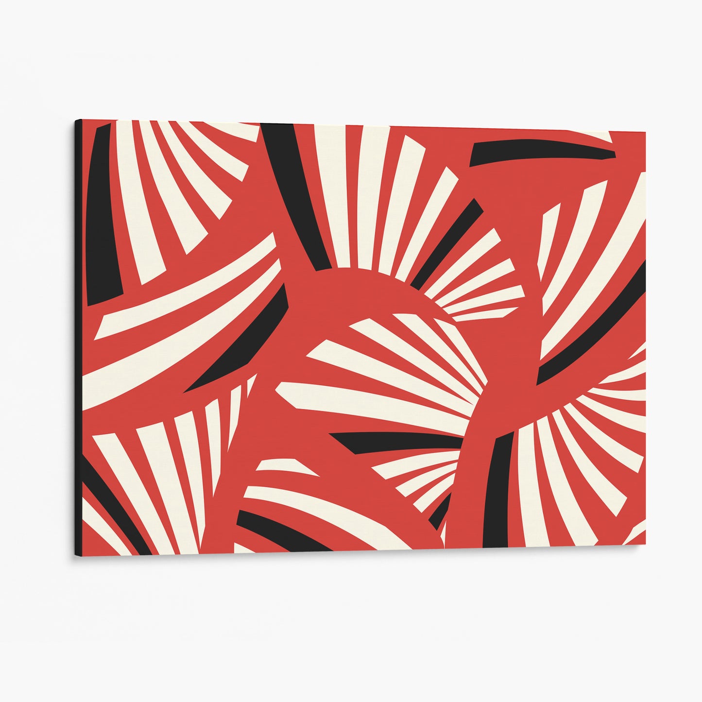Unframed Charleston Red Art Deco wall art angled view showing frame depth - geometric tropical foliage design in vibrant red and cream