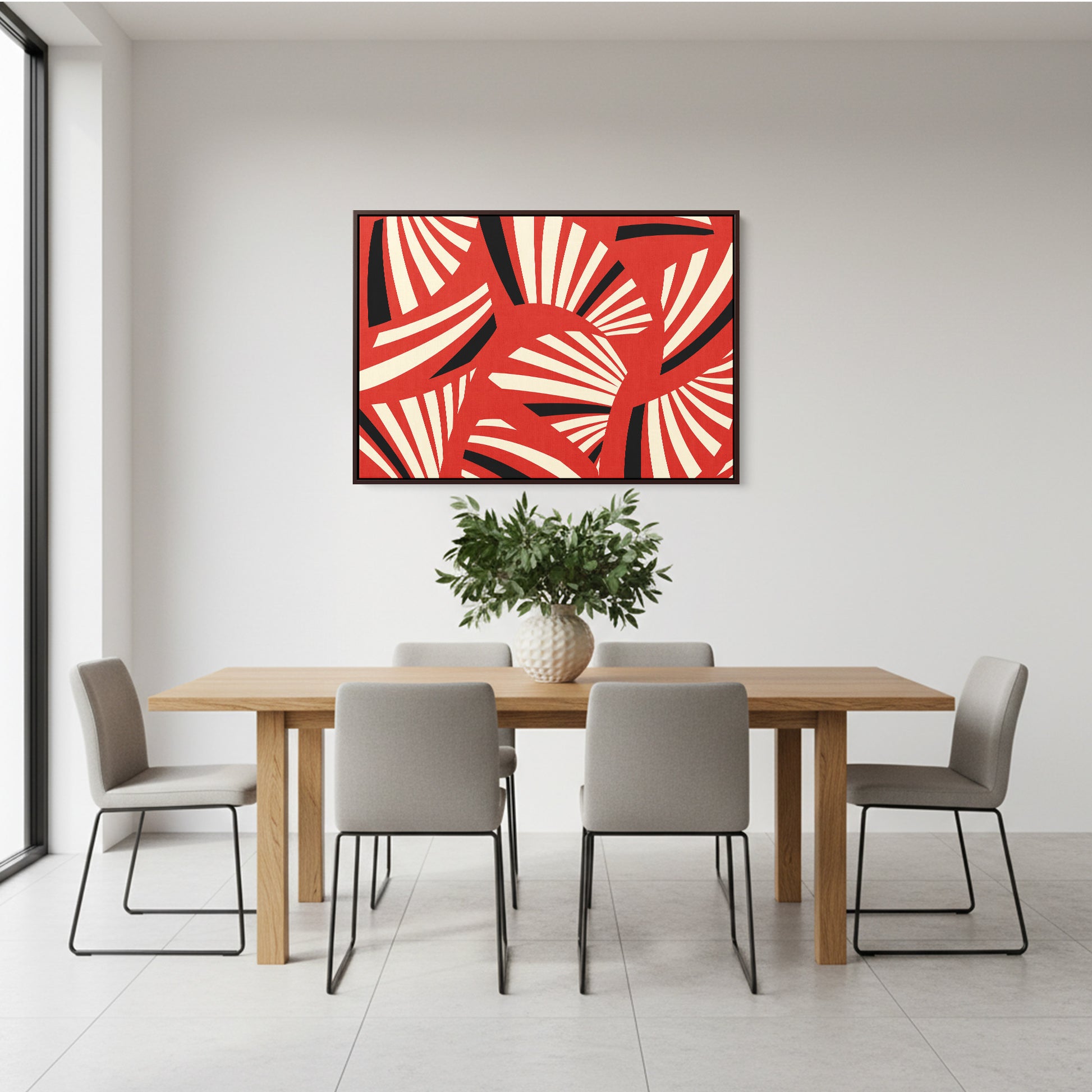 Charleston Red Art Deco wall art in modern room setting - bold geometric tropical design statement piece for contemporary home decor