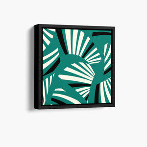 Framed Charleston mini Teal Art Deco wall art angled view showing frame depth - geometric tropical foliage design in serene teal and cream