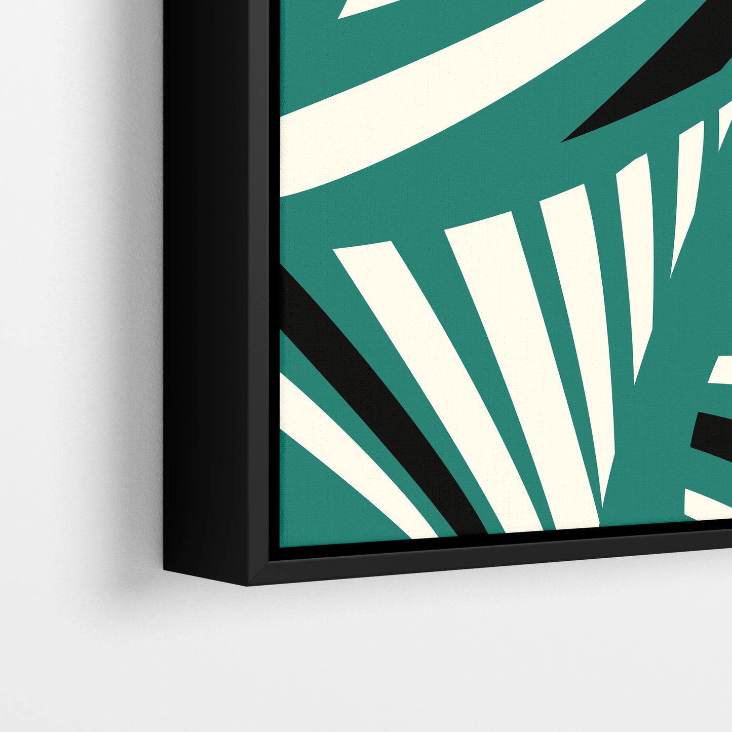 Close-up detail of Charleston Teal framed Art Deco print - radiating geometric forms with tropical foliage in tranquil teal three-tone palette