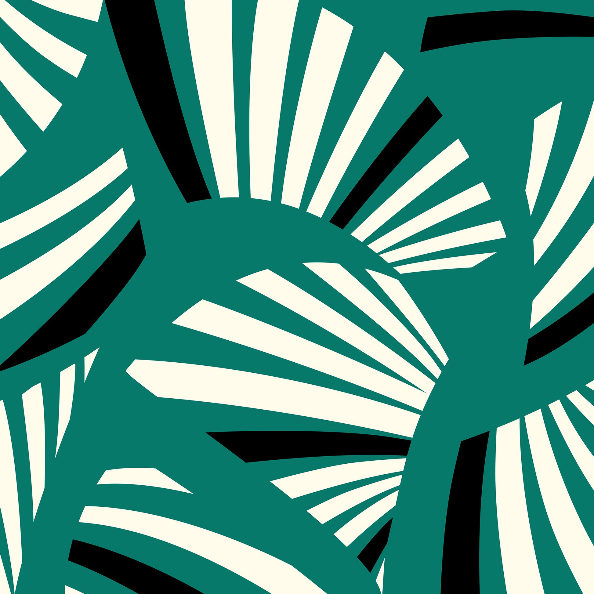 Close-up detail of Charleston Teal mini Art Deco print - radiating geometric forms with tropical foliage in tranquil teal three-tone palette