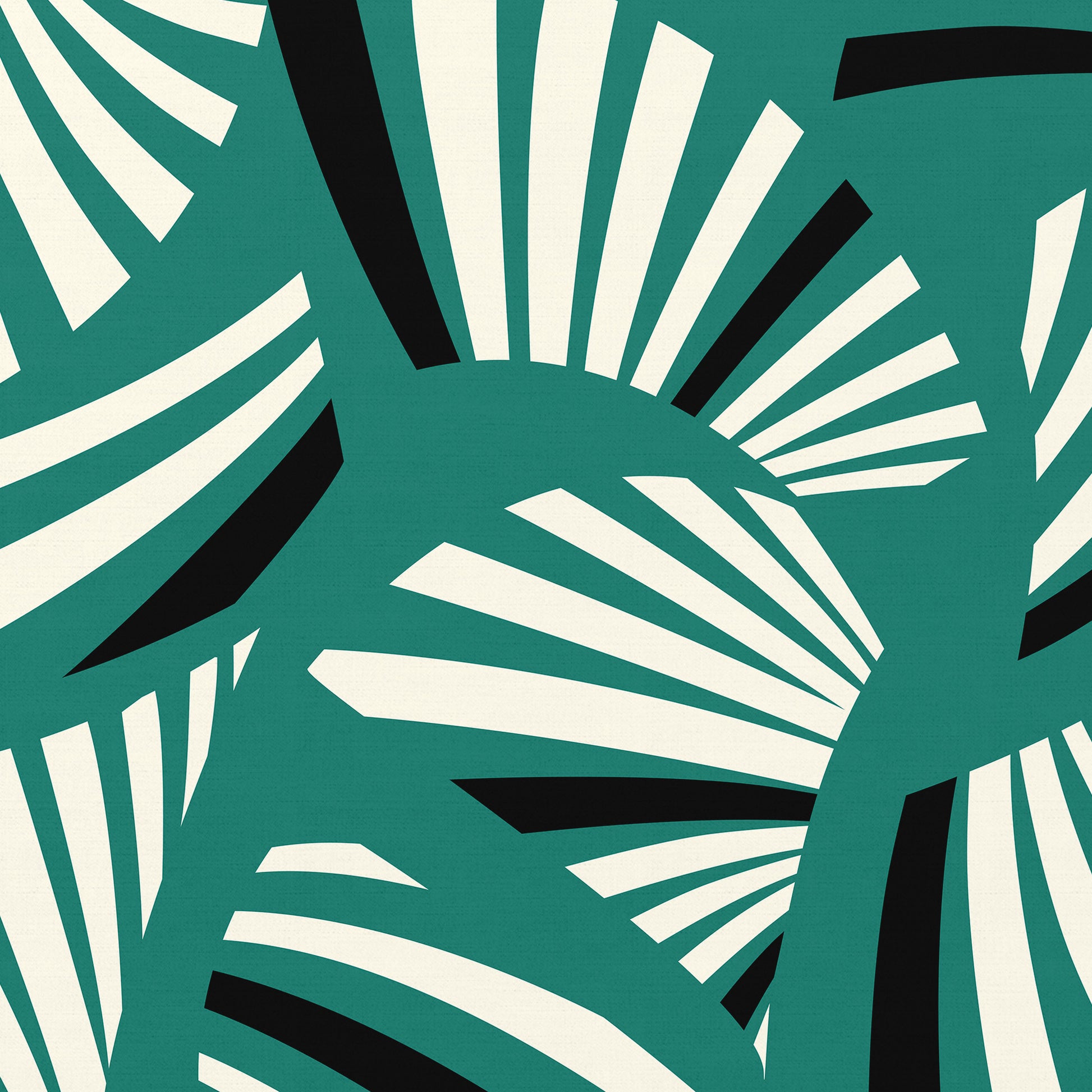 close-up detail of Charleston Teal Art Deco print - radiating geometric forms with tropical foliage in tranquil teal three-tone palette
