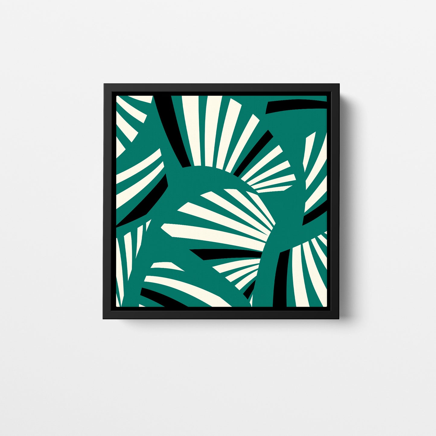 Charleston Teal mini Art Deco wall art - sophisticated geometric tropical design in calming teal, cream and black palette, framed print front view