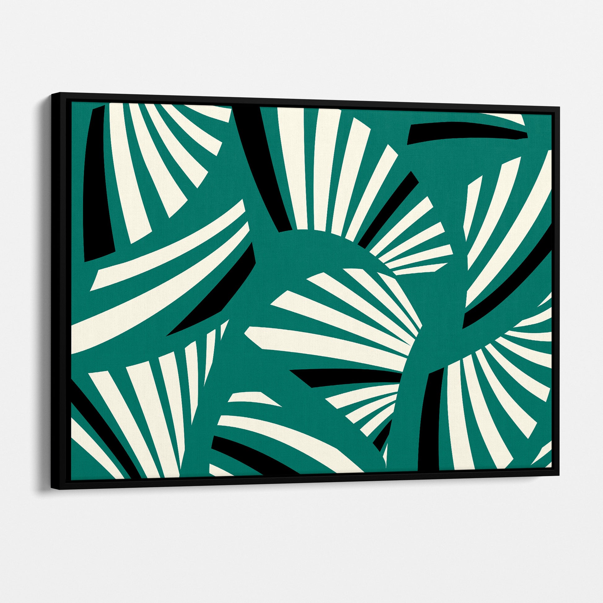Framed Charleston Teal Art Deco wall art angled view showing frame depth - geometric tropical foliage design in serene teal and cream