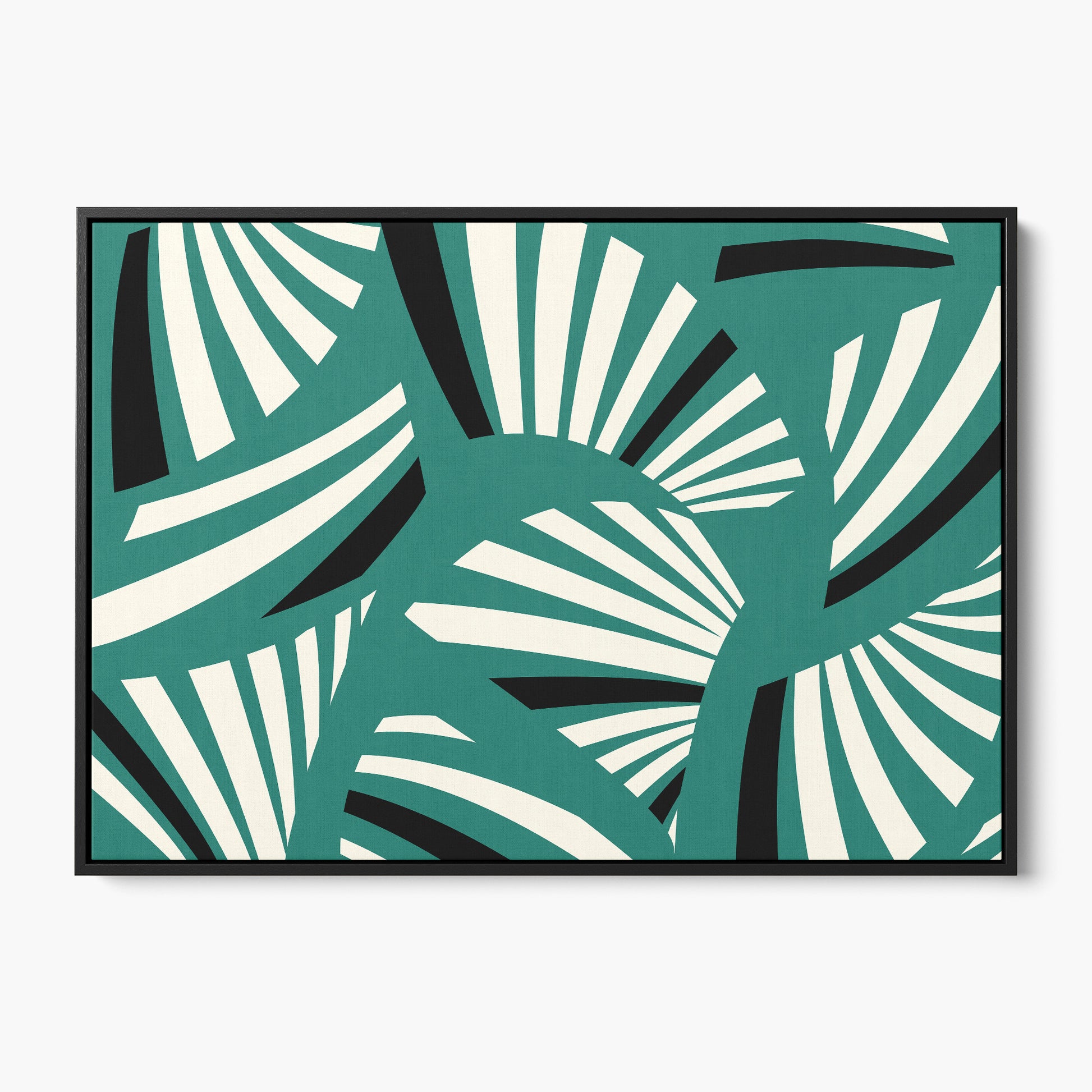 Charleston Teal Art Deco wall art - sophisticated geometric tropical design in calming teal, cream and black palette, framed print front vie