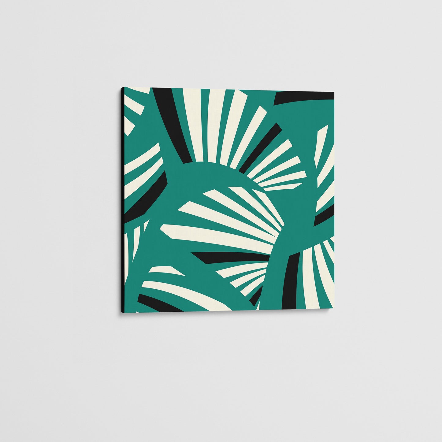 Unframed Charleston Teal Mini Art Deco wall art angled view showing frame depth - geometric tropical foliage design in serene teal and cream