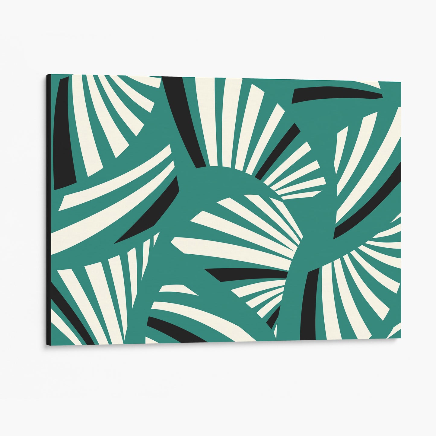 Unframed Charleston Teal Art Deco wall art angled view showing frame depth - geometric tropical foliage design in serene teal and cream
