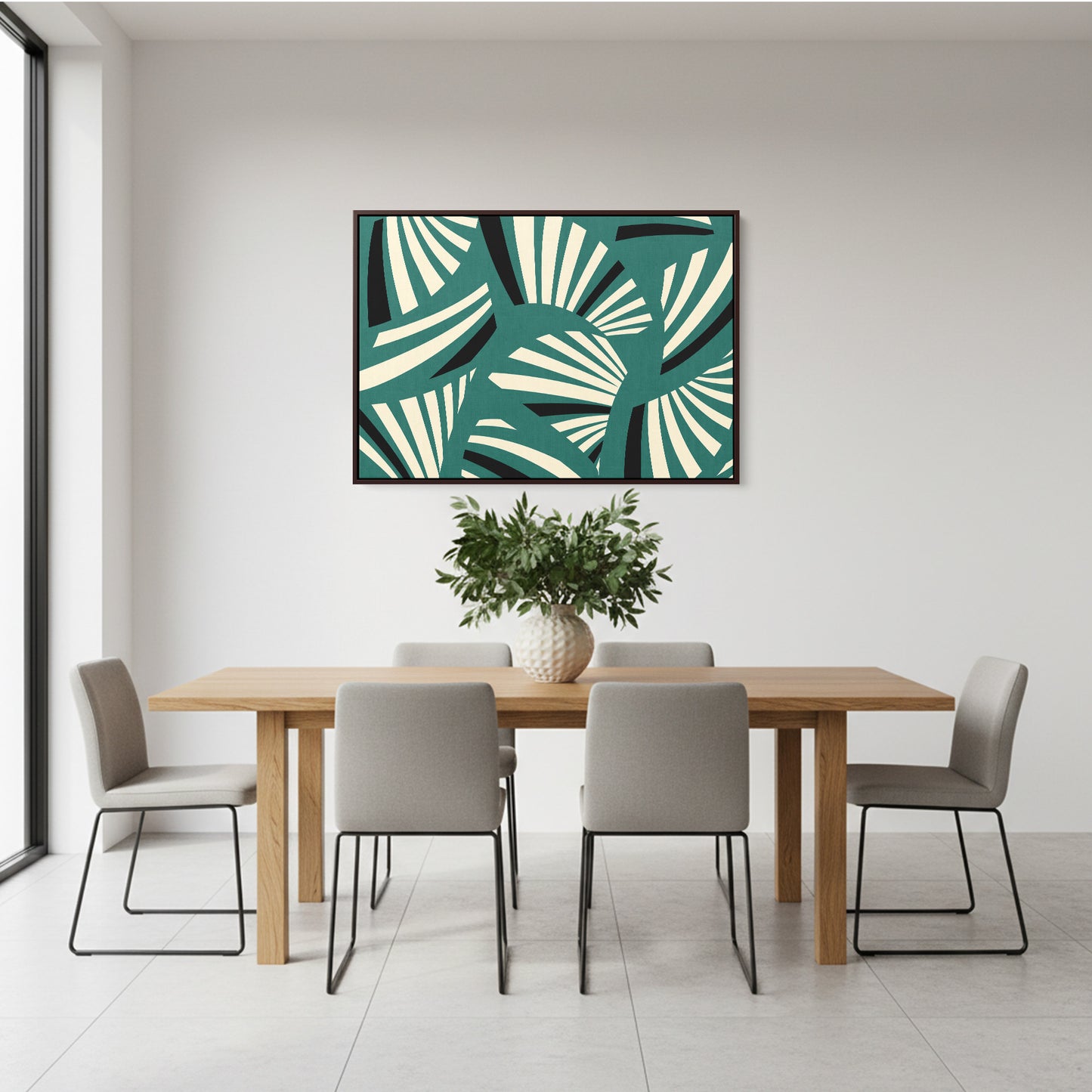 Charleston Teal Art Deco wall art in modern room setting - geometric tropical design creating spa-like sophistication in contemporary decor