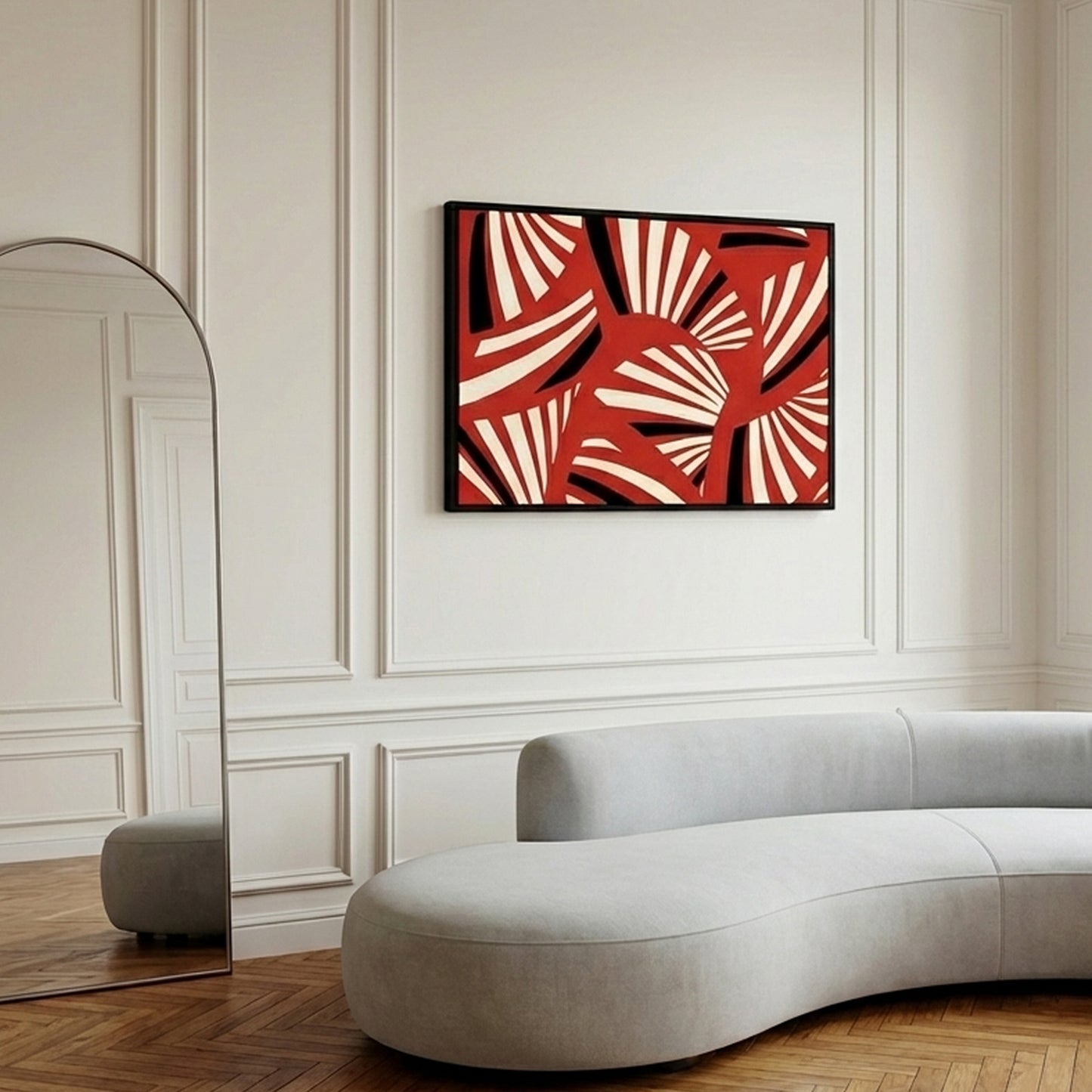 Charleston red and white art deco style canvas print on a wall above a modern sofa in a stylish room.