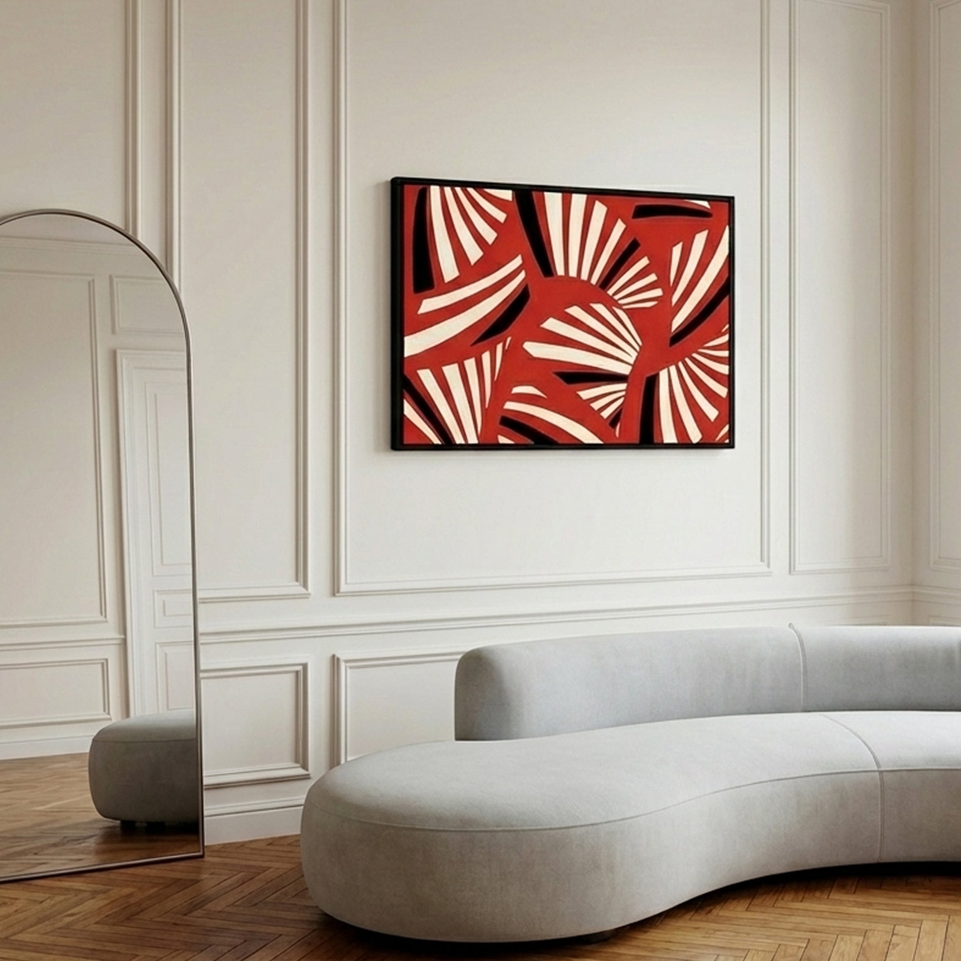 Charleston red and white art deco style canvas print on a wall above a modern sofa in a stylish room.