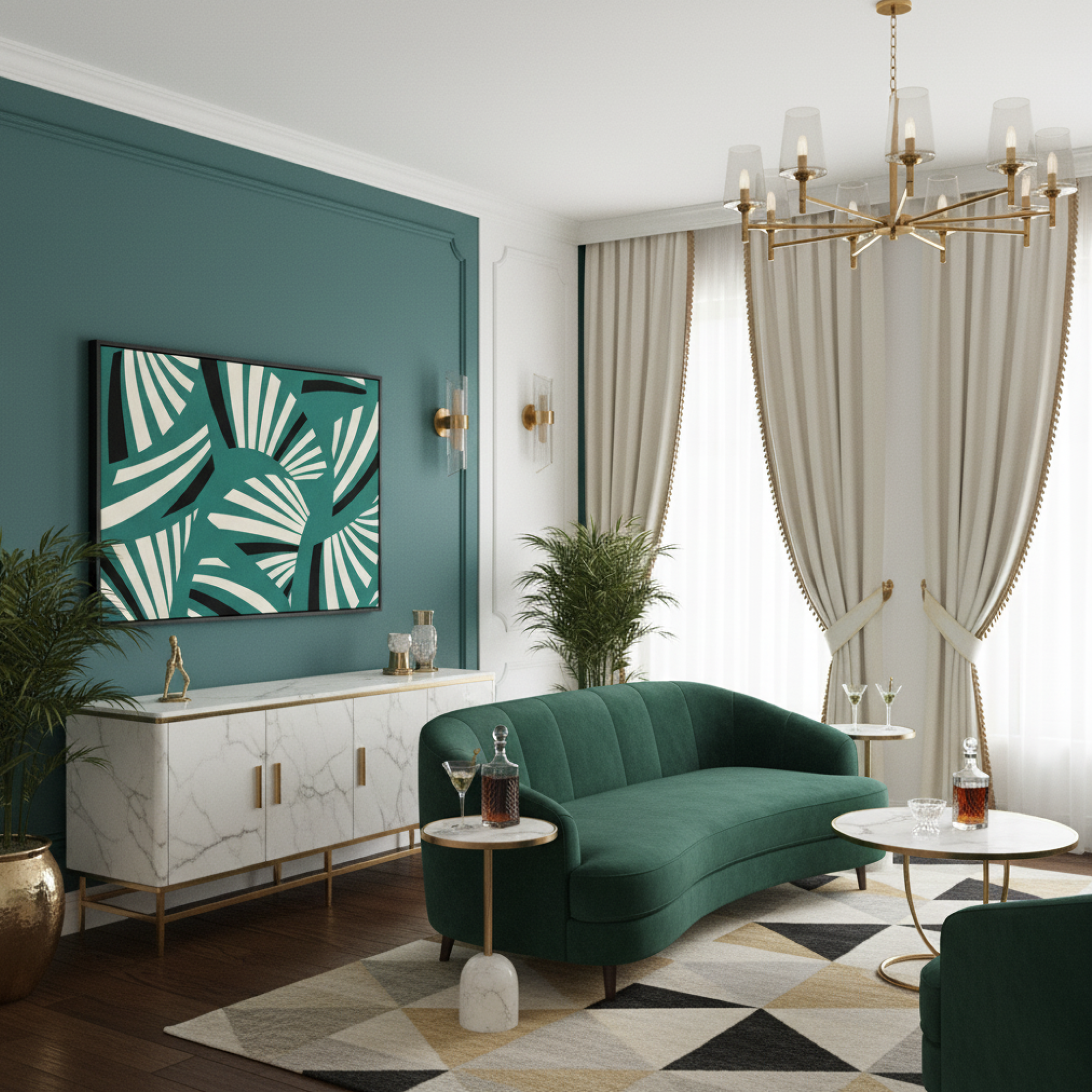 A modern living room featuring a curved emerald green velvet sofa, a matching green armchair, a white marble credenza with gold accents, a "Charleston teal" teal and white leaf-patterned wall art piece, and a geometric patterned rug.