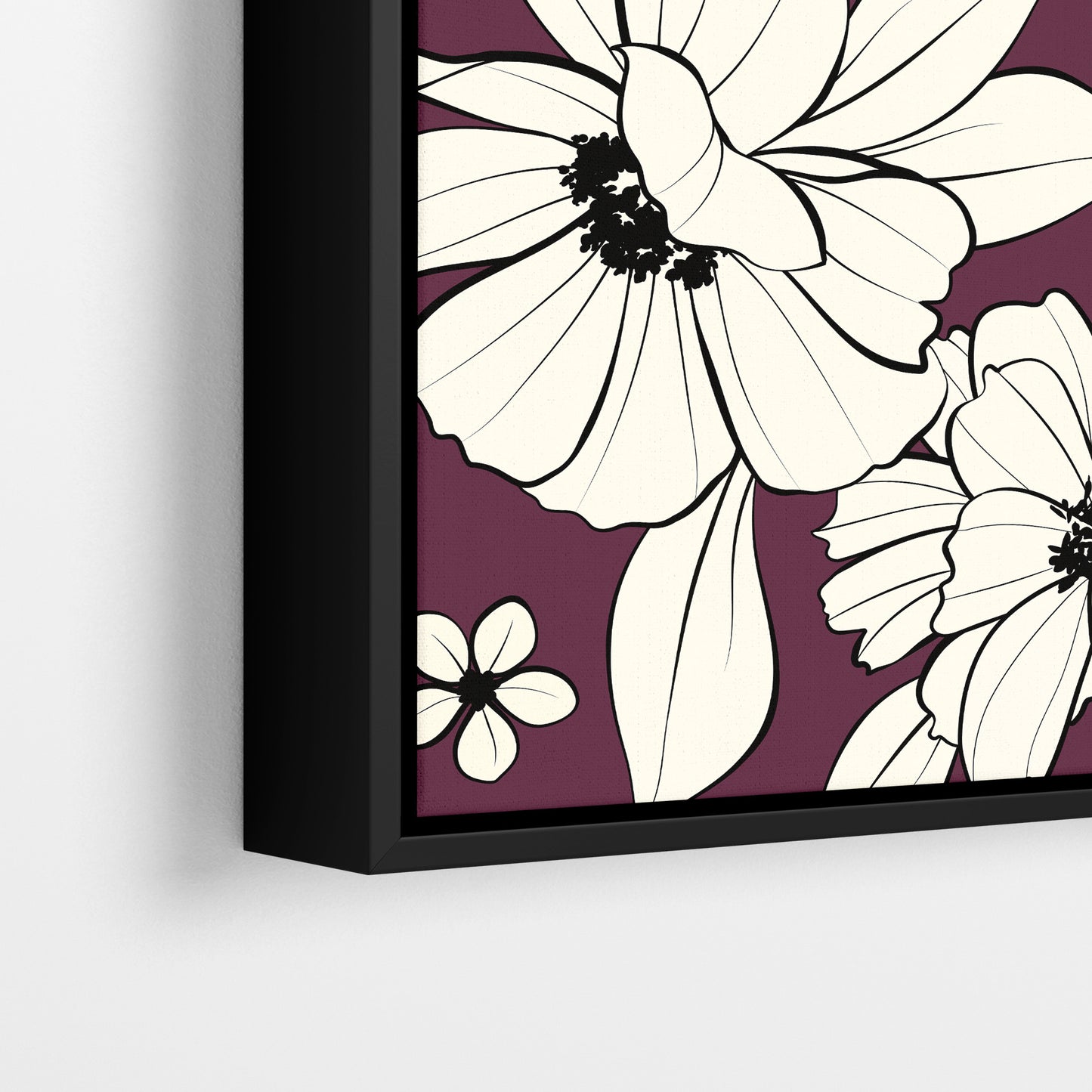 Close-up detail of Florian Aubergine framed botanical print - hand-drawn cream florals with artistic ink-splash centres on rich aubergine background